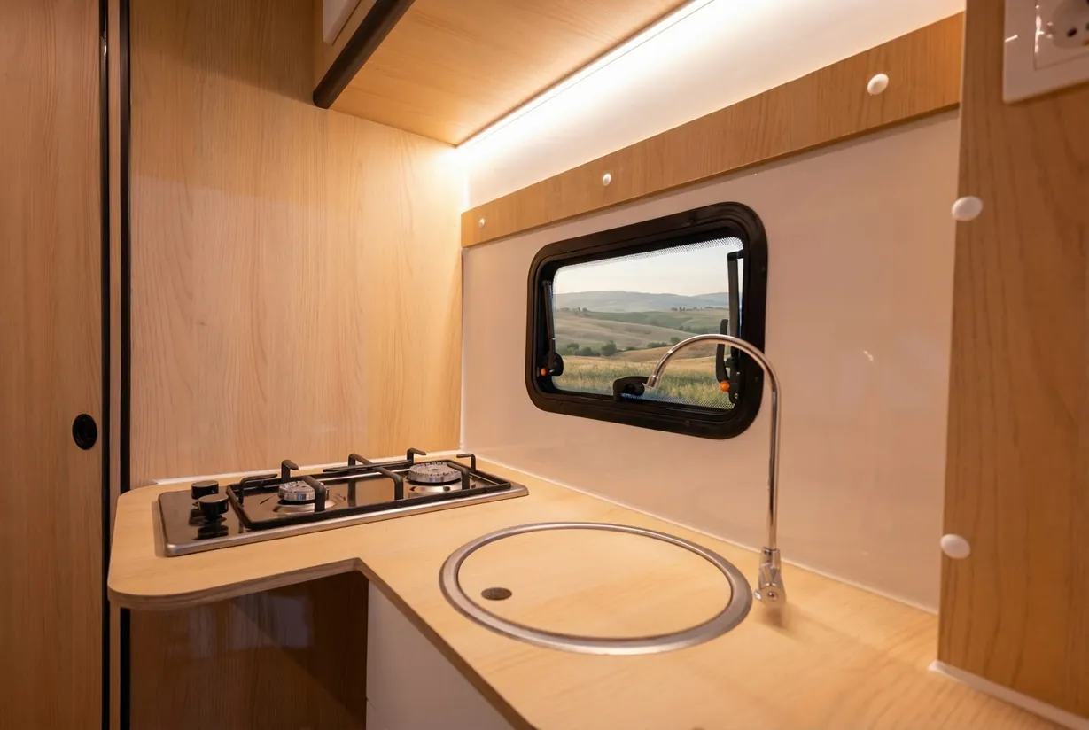 Cocina de la caravana VDK 260 con placa de dos fuegos, fregadero y ventana