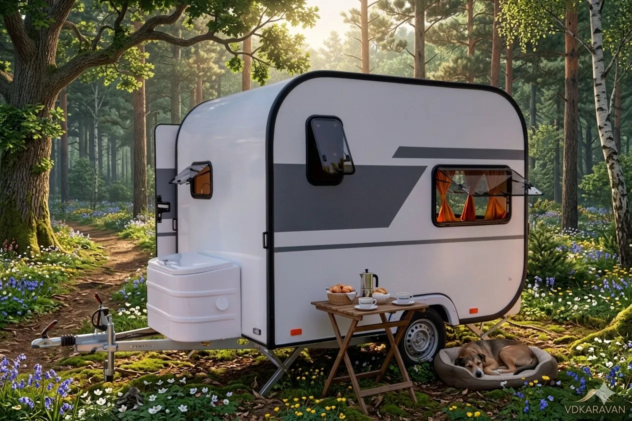 Caravana ultraligera VDK 260 acampada en un bosque, con el cofre frontal y las ventanas abiertas