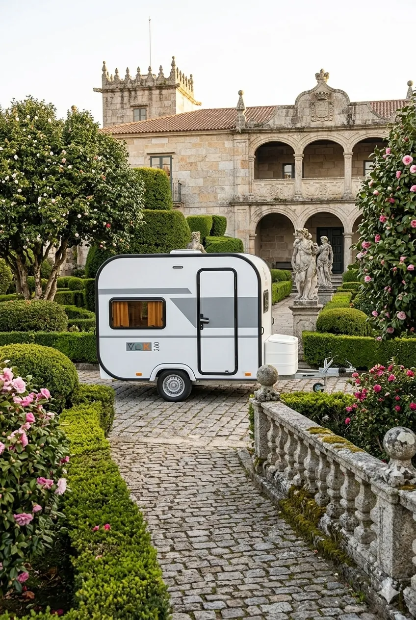 Caravana compacta VDK 260 vista lateral en un jardín
