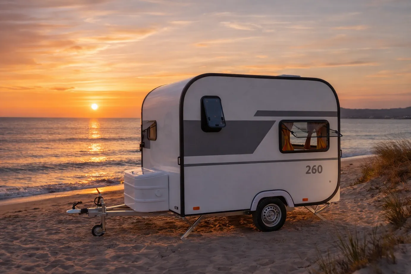 Caravana ultraligera VDK 260 en la playa al atardecer