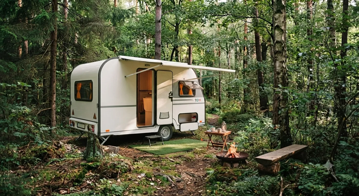 Caravana ligera VDK 330 acampada en un bosque con el toldo extendido