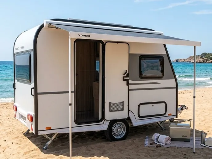 Caravana ligera VDK 330 de menos de 750 kg en la playa, con el toldo extendido